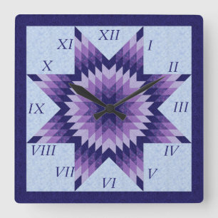 Purple and Blue Lone Star Quilt Design Square Wall Quadratische Wanduhr
