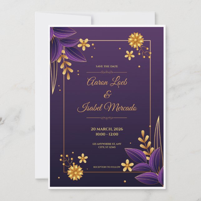 Purple and Gold Aesthetics Floral Save the Date Einladung (Vorderseite)