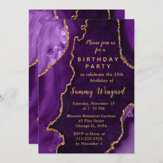 Purple and Gold Agate Marble Birthday Party Einladung