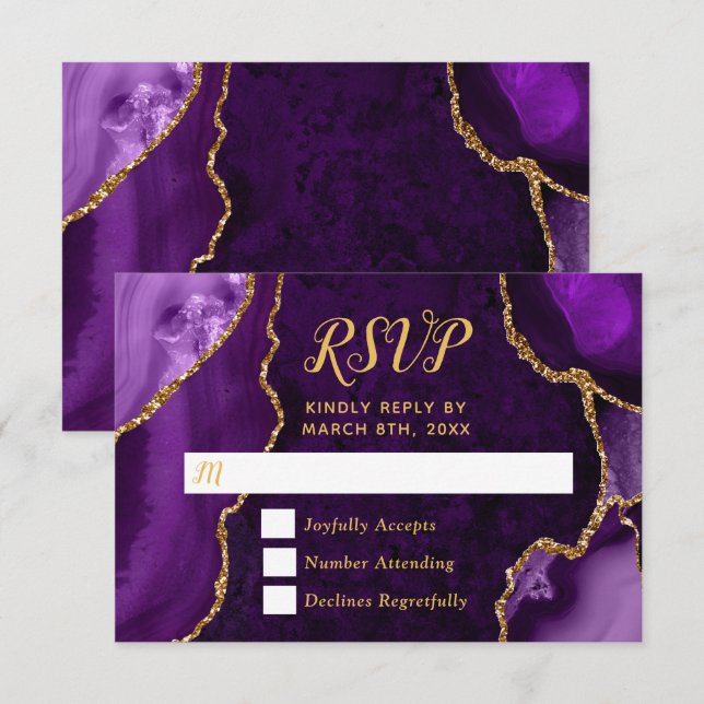 Purple and Gold Agate Marble RSVP Karte (Vorne/Hinten)