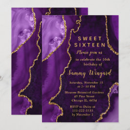 Purple and Gold Agate Marble Sweet Sixteen Einladung