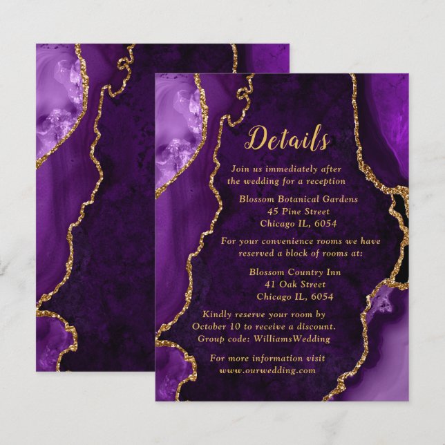 Purple and Gold Agate Wedding Details Begleitkarte (Vorne/Hinten)
