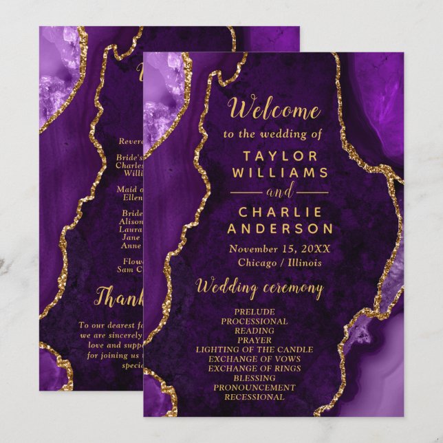 Purple and Gold Agate Wedding Program Programm (Vorne/Hinten)