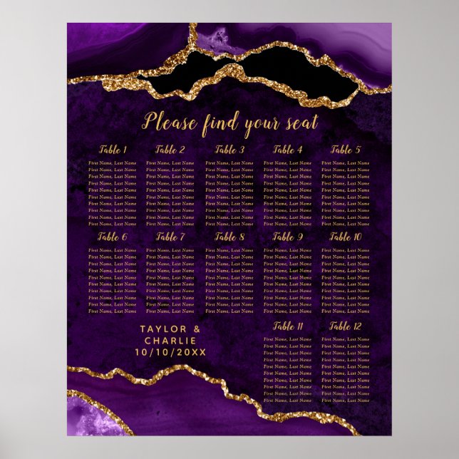 Purple and Gold Agate Wedding Seating Chart Poster (Vorne)