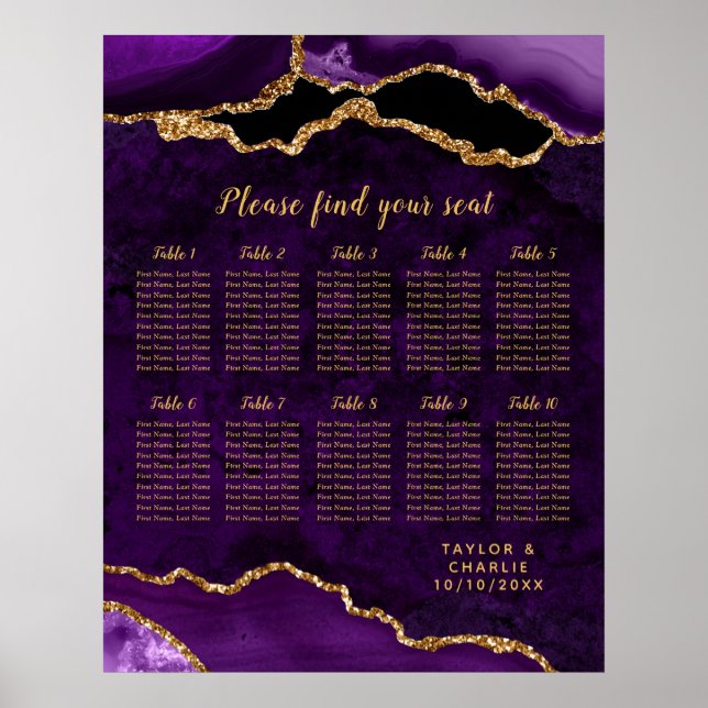Purple and Gold Agate Wedding Seating Chart Poster (Vorne)