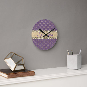 Purple and Gold Foil Diamond Bling   Runde Wanduhr