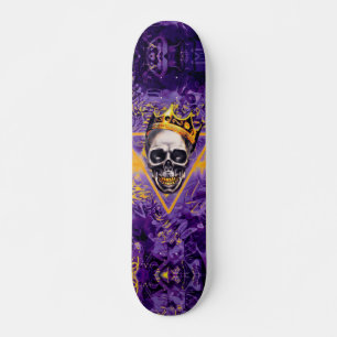 Purple and Gold Graffiti Skull King Skateboard