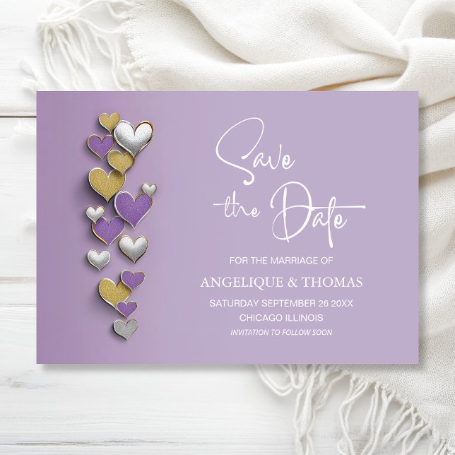 Purple and Gold Hearts Wedding Save the Date (Von Creator hochgeladen)