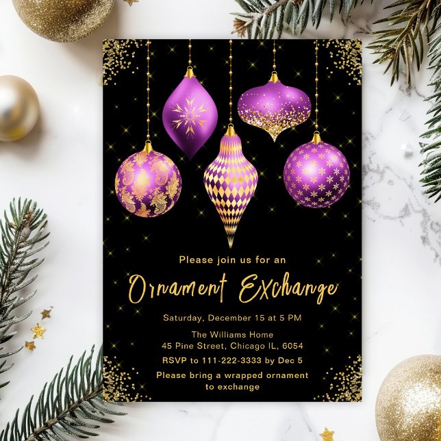 Purple and Gold Ornament Exchange Party Einladung (Von Creator hochgeladen)