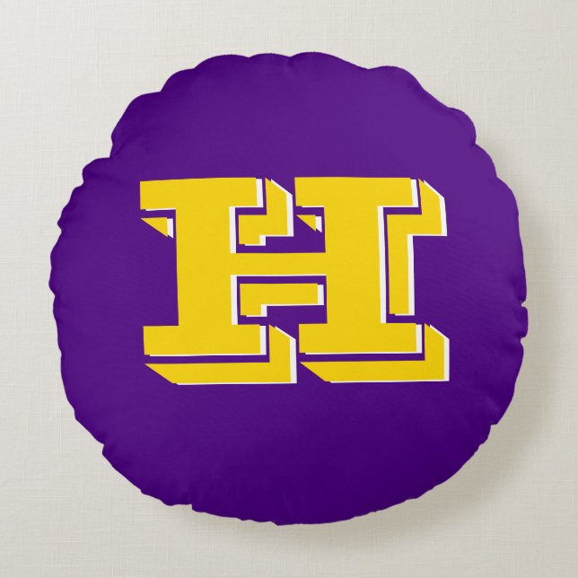 Purple and Gold Team Pride Monogram Rundes Kissen (Vorderseite)