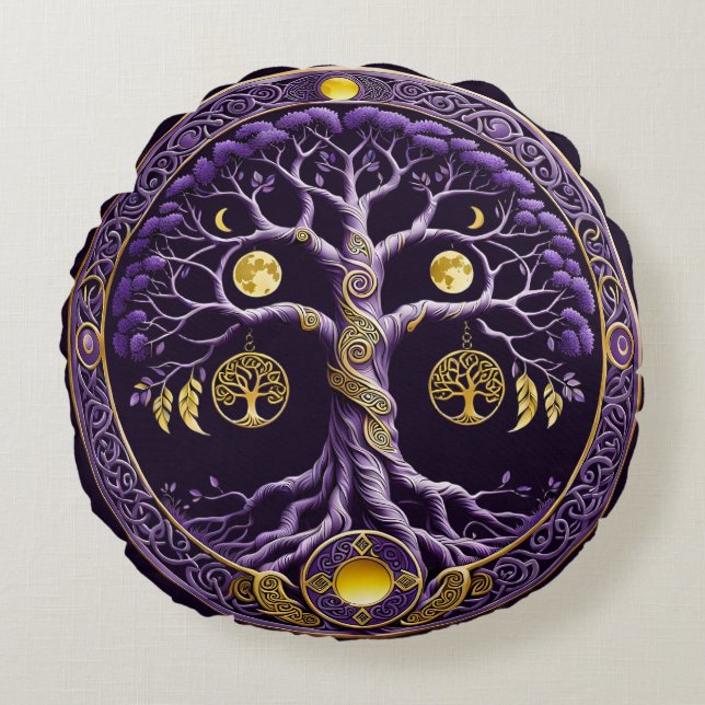 Purple and Gold Tree of Life Mandala Rundes Kissen (Vorderseite)