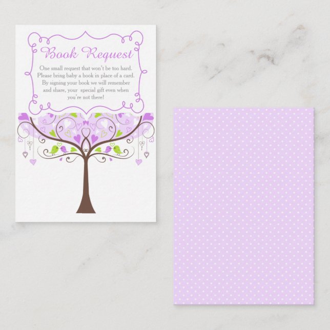 Purple and Green Bird Baby Shower Book Request Begleitkarte (Vorne/Hinten)