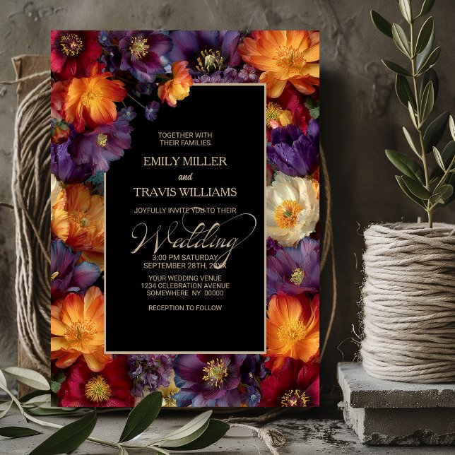 Purple and Orange Floral Black Wedding Einladung (Von Creator hochgeladen)