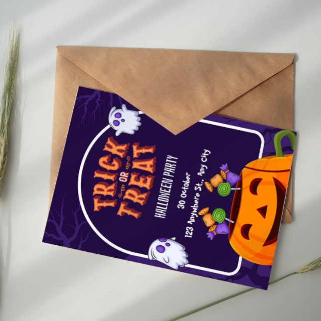 Purple And Orange Trick Or Treat Halloween Party  Einladung (Von Creator hochgeladen)
