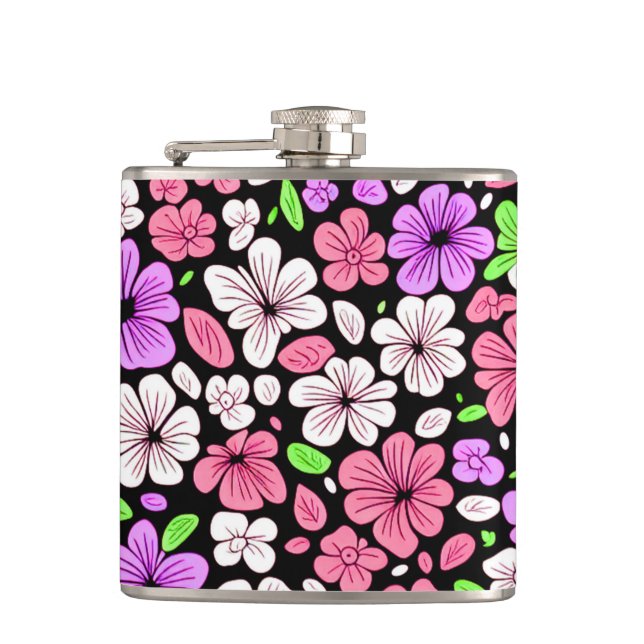 Purple and Pink Flowers and Petals Pattern Black Flachmann (Vorderseite)