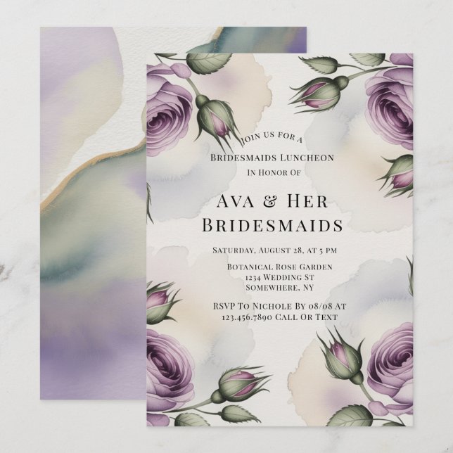 Purple and Sage Green Roses Bridesmaids Luncheon Einladung (Vorne/Hinten)