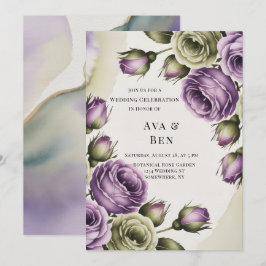 Purple and Sage Green Roses Painted Wedding Einladung