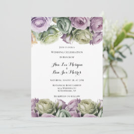 Purple and Sage Green Roses Painted Wedding Einladung