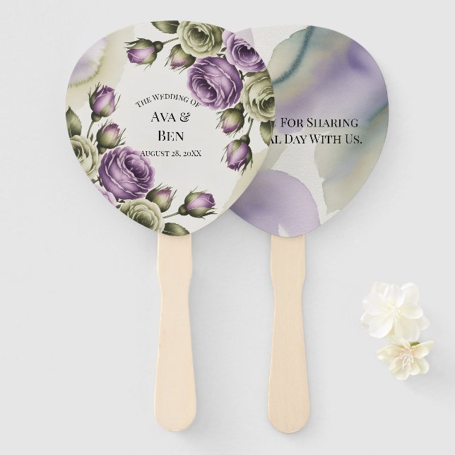 Purple and Sage Green Roses Watercolor Wedding Fächer (Vorne und Hinten)