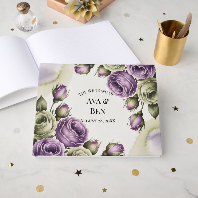 Purple and Sage Green Roses Watercolor Wedding Gästebuch (Vorderseite Offen)