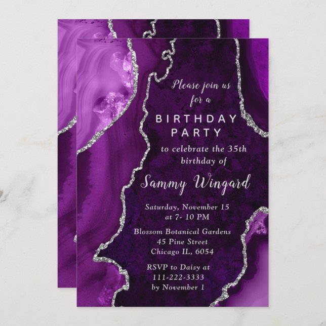 Purple and Silver Agate Marble Birthday Party Einladung (Vorne/Hinten)
