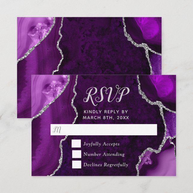 Purple and Silver Agate Marble RSVP Karte (Vorne/Hinten)
