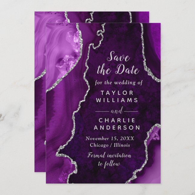 Purple and Silver Agate Marble Save The Date Einladung (Vorne/Hinten)