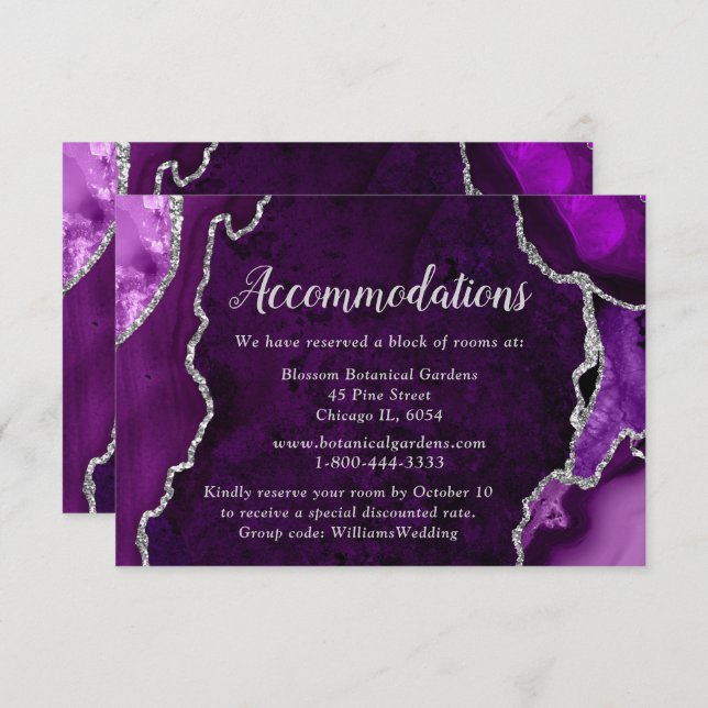 Purple and Silver Agate Wedding Accommodations Begleitkarte (Vorne/Hinten)