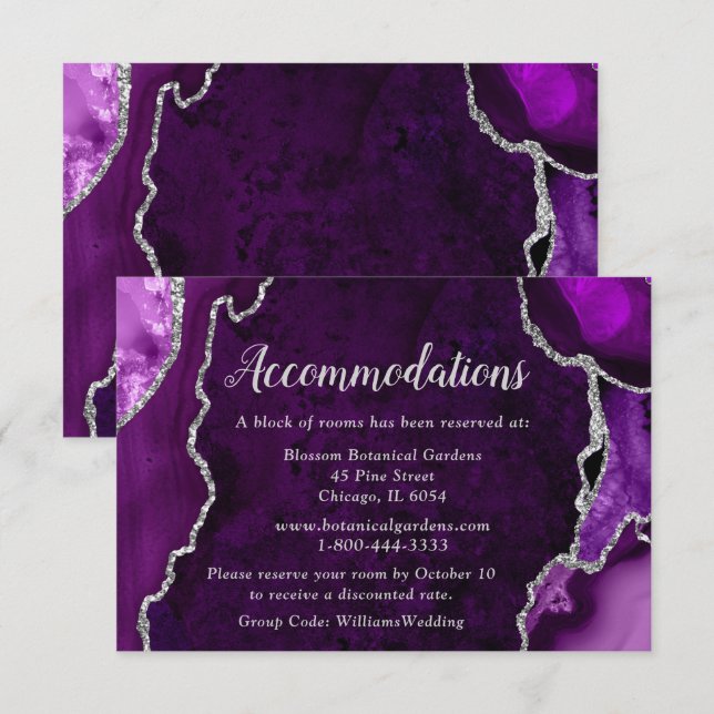 Purple and Silver Agate Wedding Accommodations Begleitkarte (Vorne/Hinten)