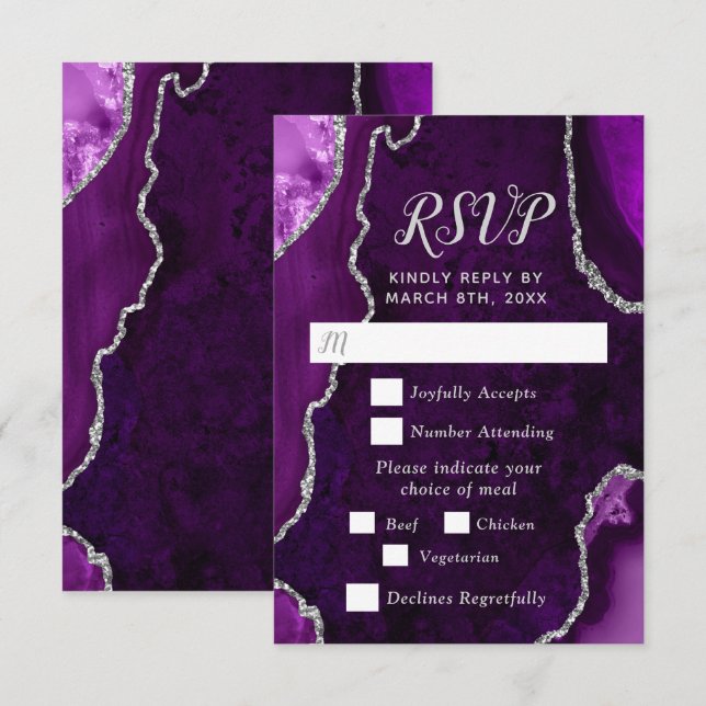 Purple and Silver Agate Wedding Meal Choice RSVP Karte (Vorne/Hinten)