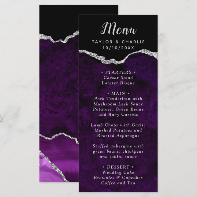 Purple and Silver Agate Wedding Menu Menükarte (Vorne/Hinten)