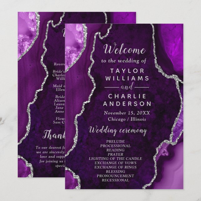 Purple and Silver Agate Wedding Program Programm (Vorne/Hinten)