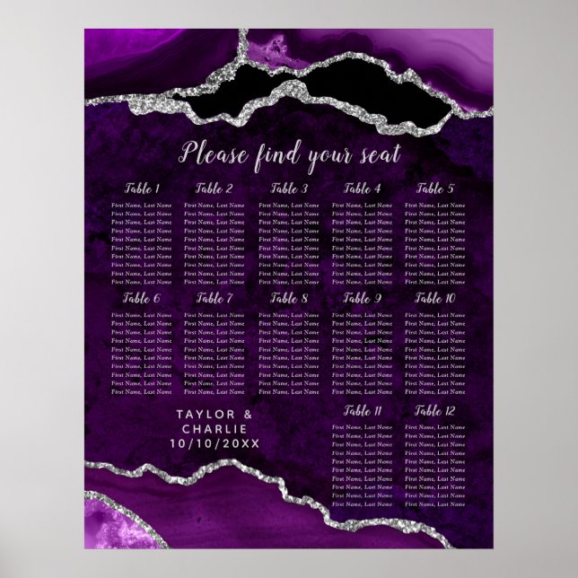 Purple and Silver Agate Wedding Seating Chart Poster (Vorne)