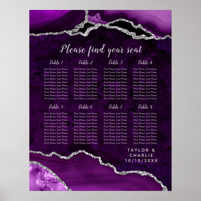 Purple and Silver Agate Wedding Seating Chart Poster (Vorne)