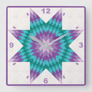Purple and Teal Lone Star Quilt Design Quadratische Wanduhr