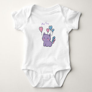 Purple anime kitten and hearts, personalized baby strampler