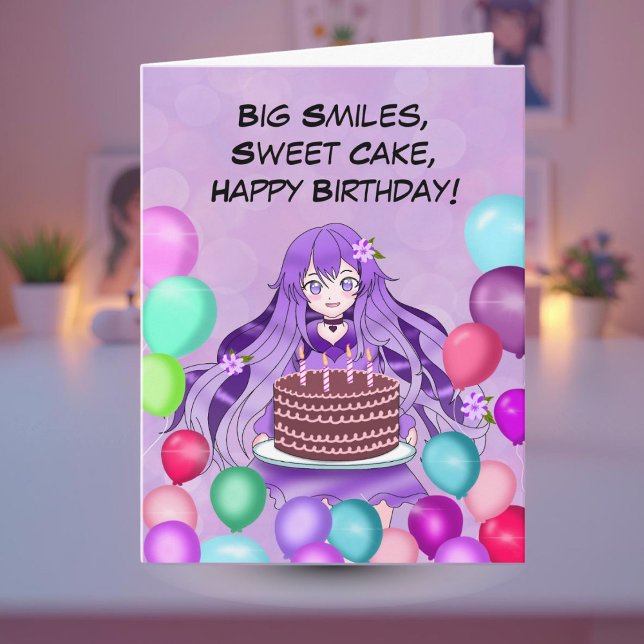 Purple Anime Teenager Holding Birthday Cake Karte (Von Creator hochgeladen)