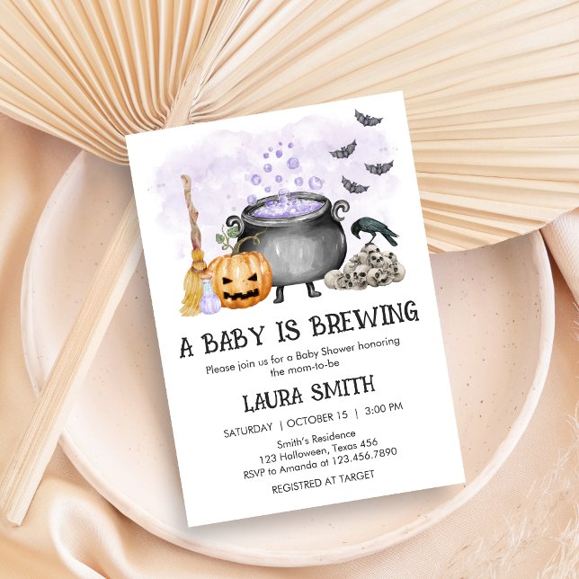 Purple Baby is Brewing Halloween Baby Shower Einladung (A Baby is Brewing Purple Halloween Baby Shower Invitation)