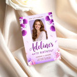 Purple Balloon Photo 40th Birthday for Women Einladung<br><div class="desc">Celebrate a special milestone with this elegant 40th birthday photo invitation featuring a soft purple background, festive balloons, and a beautiful portrait layout. Perfect for a stylish birthday celebration, this invitation allows you to personalize the photo, name, date, and party details. The modern script typography and feminine design make it...</div>
