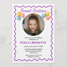 Purple Balloons Photo Sweet Sixteen Birthday Einladung