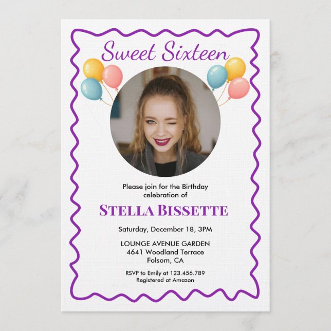 Purple Balloons Photo Sweet Sixteen Birthday  Einladung (Vorderseite)
