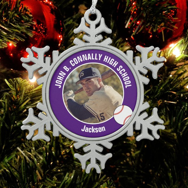 Purple Baseball Player Photo High School Schneeflocken Zinn-Ornament (Von Creator hochgeladen)