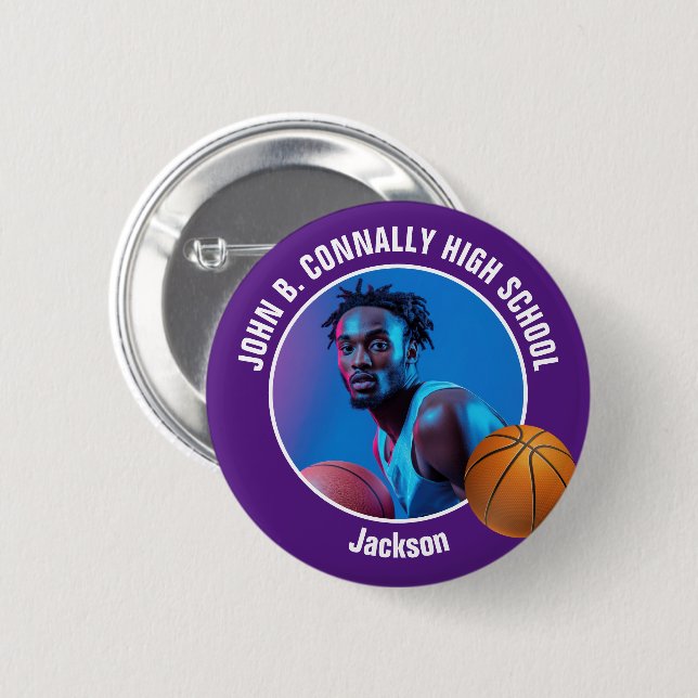 Purple Basketball Player Photo High School Spirit Button (Vorne & Hinten)