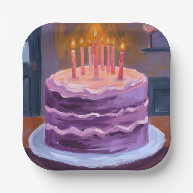 Purple Birthday Cake Painting Birthday Party Pappteller (Vorderseite)