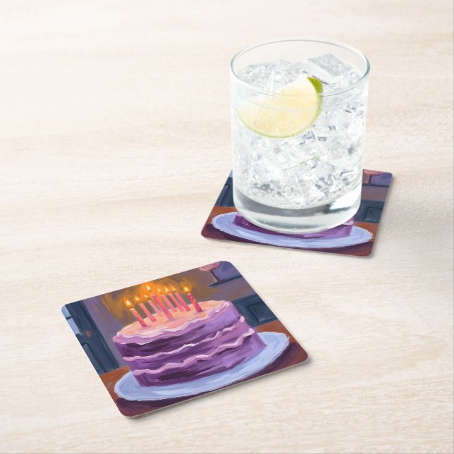 Purple Birthday Cake Painting Birthday Party Rechteckiger Pappuntersetzer (Vor Ort)