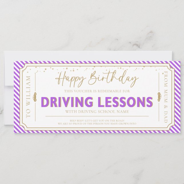 Purple Birthday Driving Lessons Gift Voucher Card Einladung (Vorderseite)