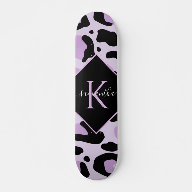 Purple Black Leopard Cheetah Spots Print Monogram Skateboard (Vorne)