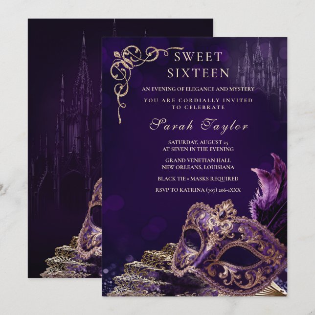Purple Black Sweet 16 Masquerade Elegant Venetian Einladung (Vorne/Hinten)