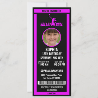Purple Black Volleyball Ticket Birthday Photo Einladung