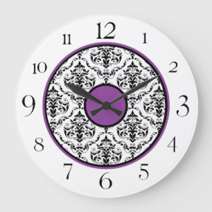 Purple Black & White Damask Elegant 10.75" Clock Große Wanduhr